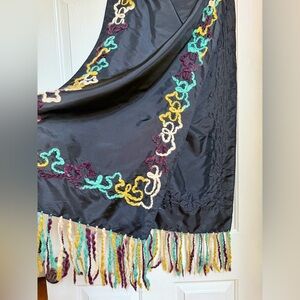 Vintage Lancetti Italy Embroidered Wool Blend Scarf - Black Multi-Color
